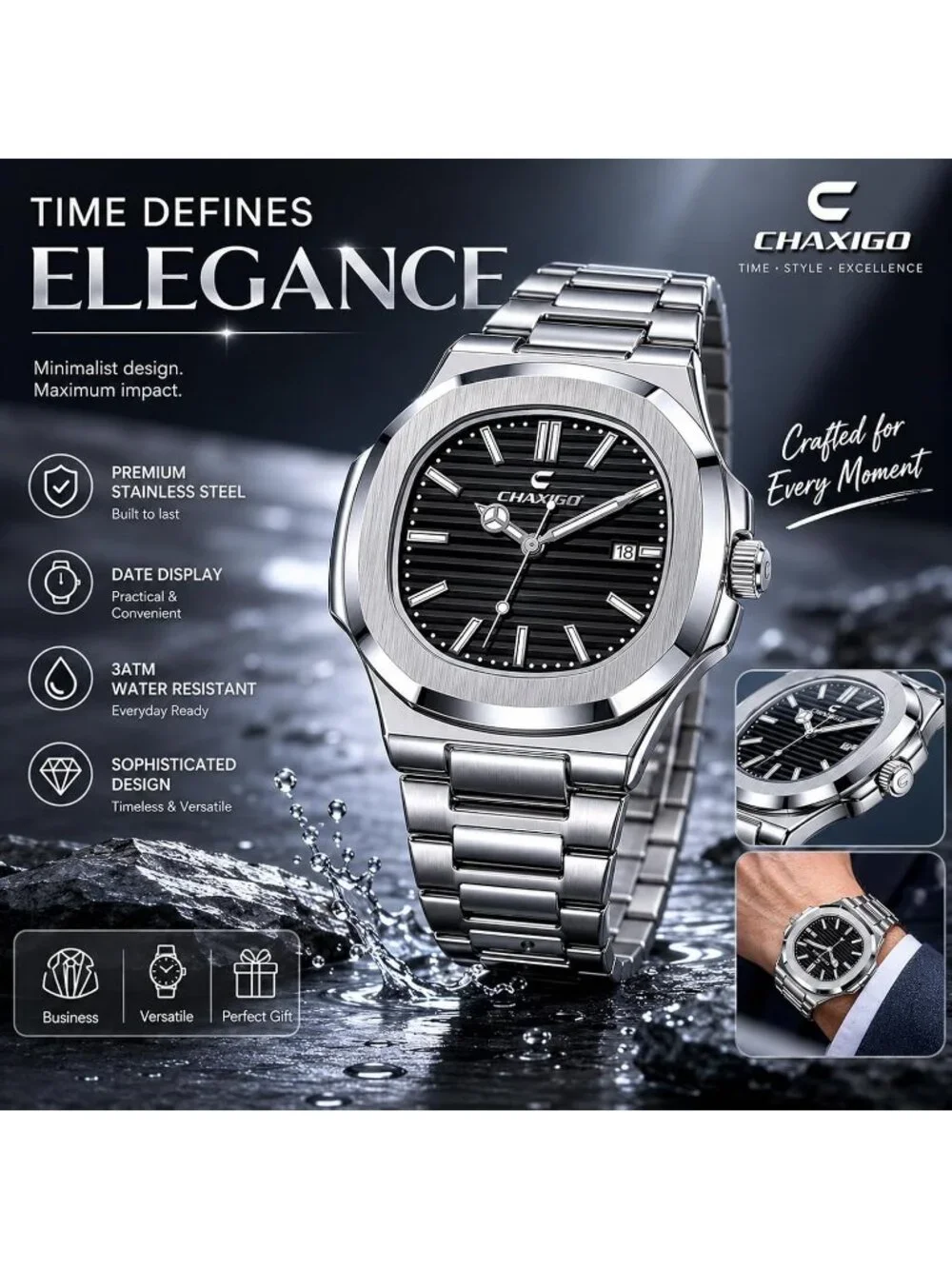 Men's Silver Black Alloy Material Waterproof Quartz Sports Sports Wrist Watches